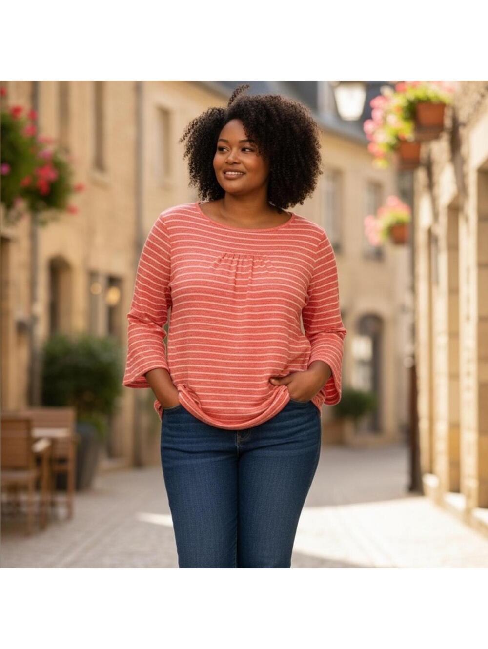 Nally & Millie USA Red Striped Bell Sleeve Blouse 1004